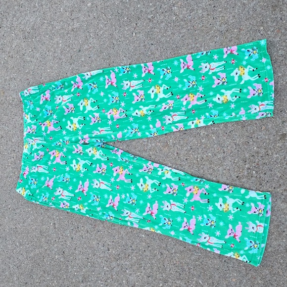 Mint Green Velour Retro Christmas Deer Pajama Bottoms Lounge Sleep Pants Size L - Picture 2 of 5
